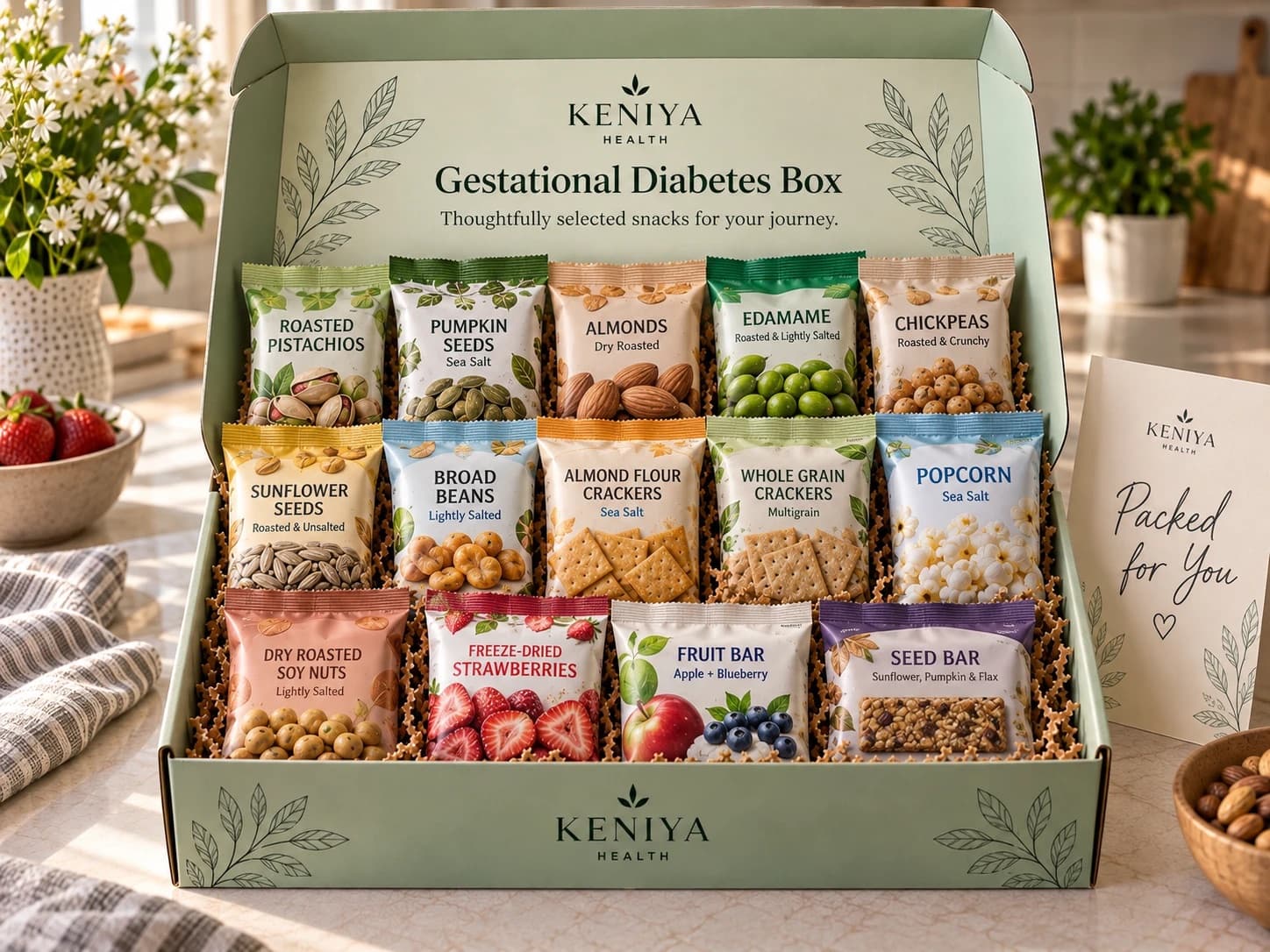 Example Gestational Diabetes Box of 14 snacks: pistachios, pumpkin seeds, almonds, edamame, chickpeas, sunflower seeds, broad beans, almond flour crackers, whole grain crackers, popcorn, soy nuts, freeze-dried strawberries, a fruit bar and a seed bar