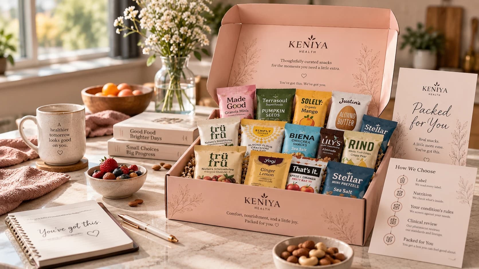 An example Keniya box: 14 snacks with a Packed for You card